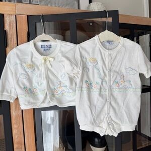 Vintage 70s Doespun cardigan onesie set bunny embroidered baby romper unisex